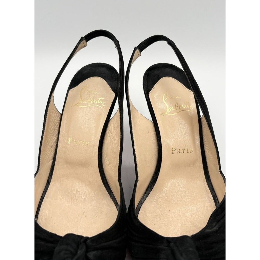 Christian Louboutin Black Suede Slingback Heels Peep Toe Knot Accent Sz EU 38.5 - Picture 8 of 12